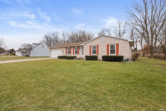 ranch-style home with a garage and a front lawn