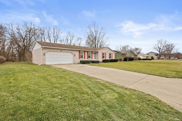 ranch-style home featuring a garage and a front lawn