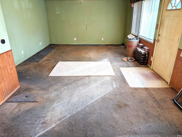 entryway featuring wooden walls and dark colored carpet