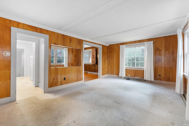 empty room with light colored carpet and wood walls