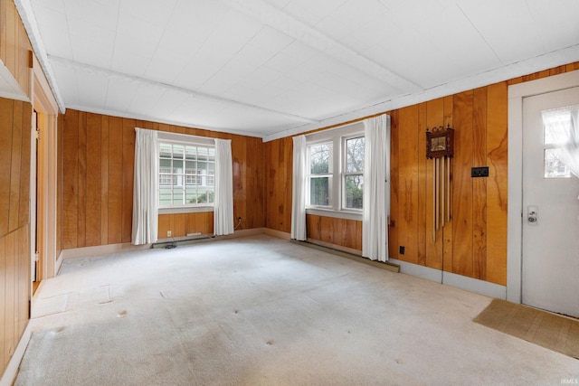 empty room featuring wooden walls, light colored carpet, and a healthy amount of sunlight