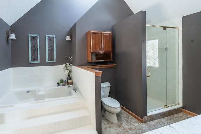 bathroom with lofted ceiling, plus walk in shower, and toilet