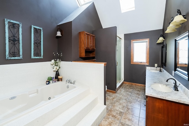 bathroom featuring vanity, tile patterned flooring, vaulted ceiling, and separate shower and tub