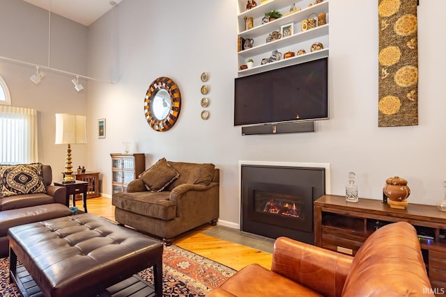 living room with wood-type flooring and a high ceiling