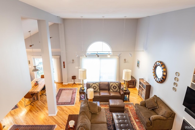 living room with hardwood / wood-style flooring and high vaulted ceiling