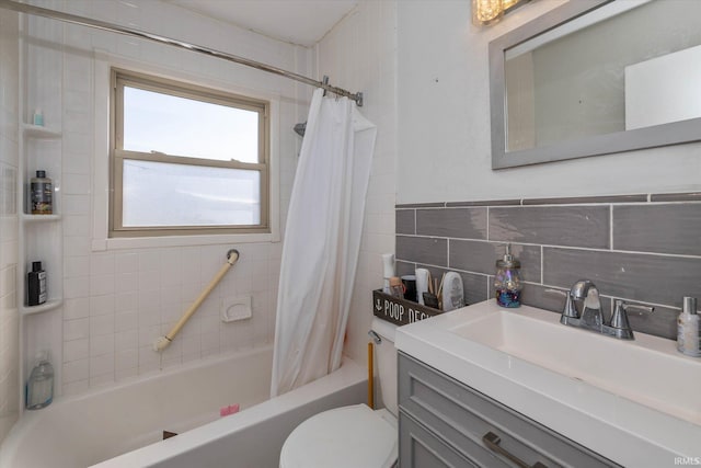 full bathroom with shower / tub combo with curtain, tasteful backsplash, tile walls, vanity, and toilet