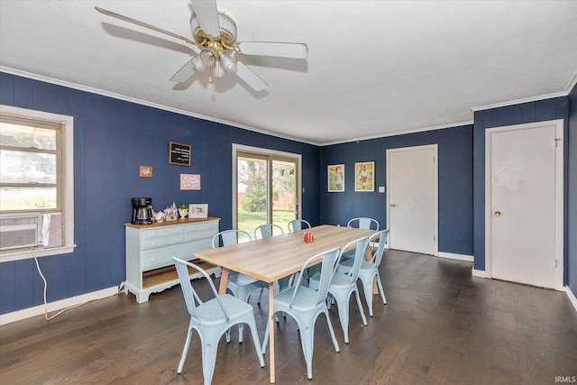 dining area featuring ornamental molding, dark hardwood / wood-style floors, and ceiling fan