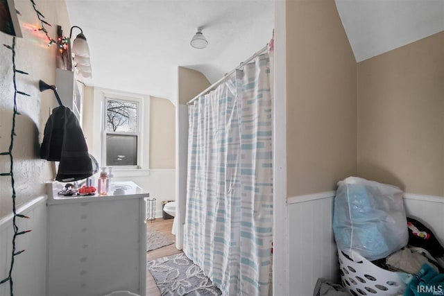 bathroom featuring vaulted ceiling, hardwood / wood-style floors, and toilet