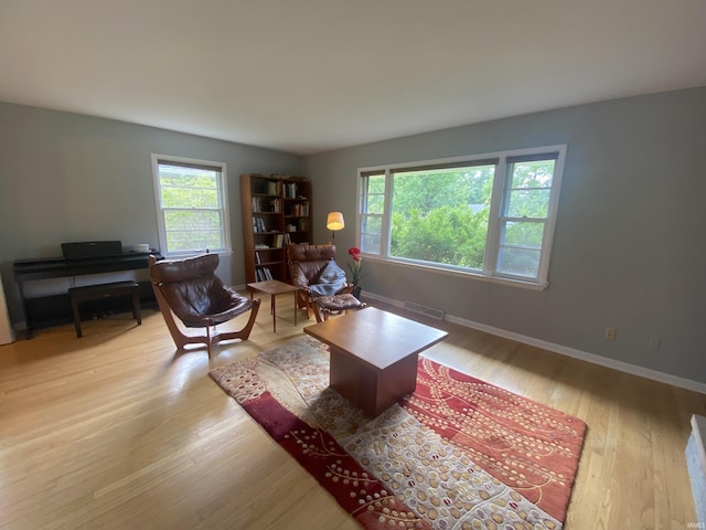 living room featuring a wealth of natural light and light hardwood / wood-style floors