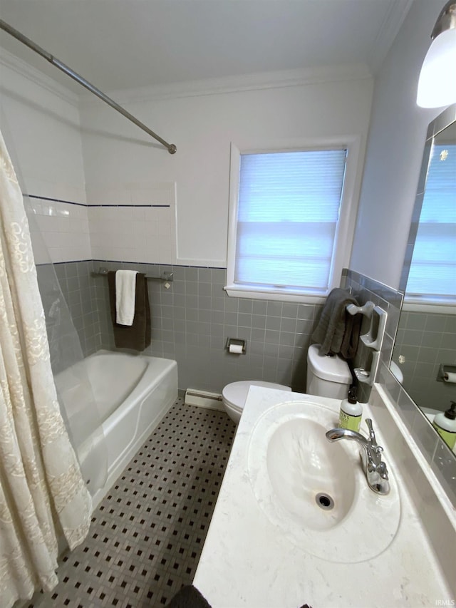 full bathroom with sink, tile walls, ornamental molding, toilet, and shower / bathtub combination with curtain