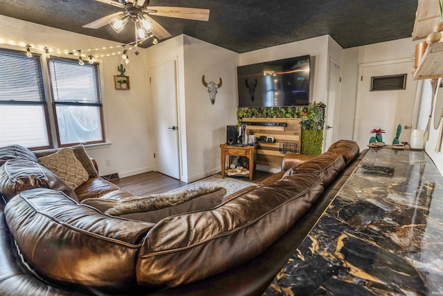 living room with ceiling fan and wood-type flooring