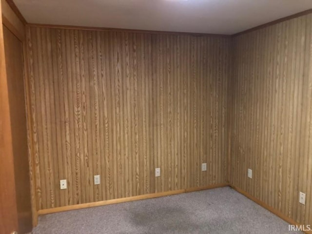 carpeted spare room with wooden walls