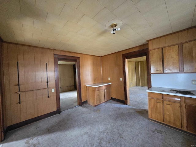 kitchen with wooden walls and dark carpet