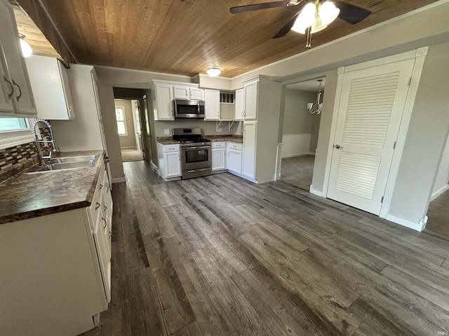 kitchen with dark hardwood / wood-style floors, white cabinetry, sink, wood ceiling, and stainless steel appliances