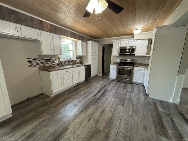 kitchen with white cabinetry, sink, wood ceiling, stainless steel appliances, and dark wood-type flooring