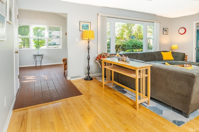 living room featuring a wealth of natural light and hardwood / wood-style floors