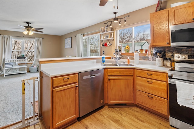 kitchen with ceiling fan, a healthy amount of sunlight, appliances with stainless steel finishes, and sink