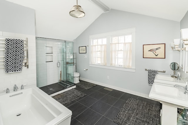 bathroom with lofted ceiling with beams, separate shower and tub, tile patterned floors, and toilet