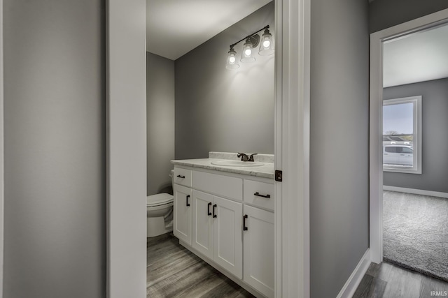 bathroom with vanity, toilet, and wood-type flooring