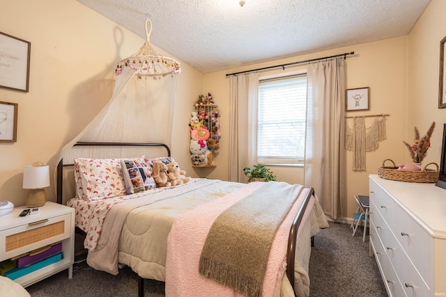 carpeted bedroom with vaulted ceiling and a textured ceiling