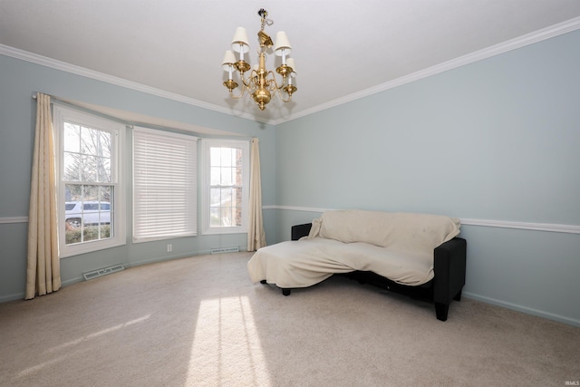 living area featuring crown molding, light carpet, and a chandelier