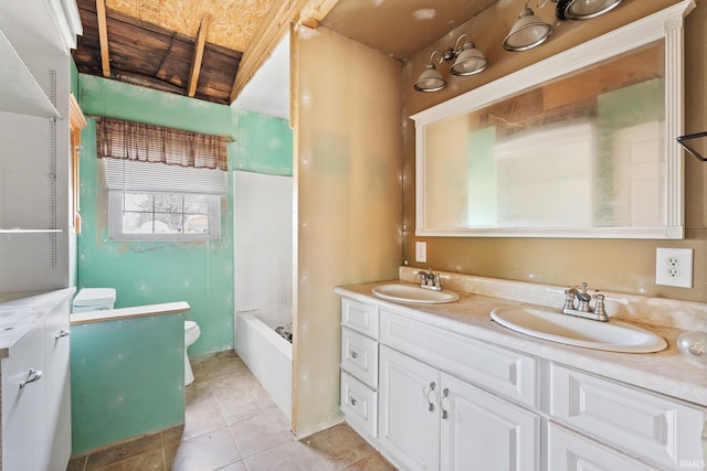 full bathroom with vanity, tile patterned flooring, bathing tub / shower combination, and toilet