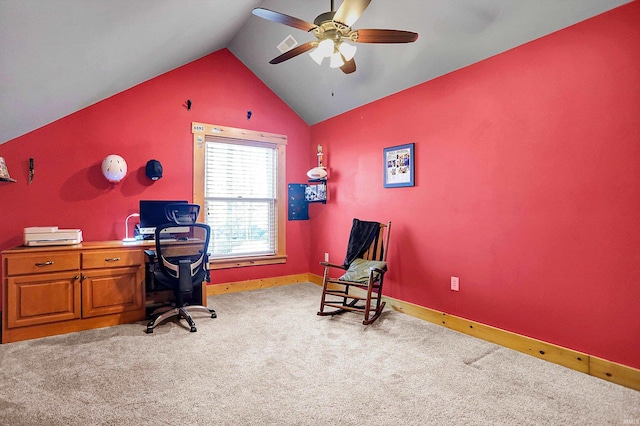 office space with light carpet, vaulted ceiling, and ceiling fan