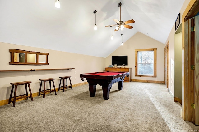 game room featuring light carpet, pool table, vaulted ceiling, and ceiling fan