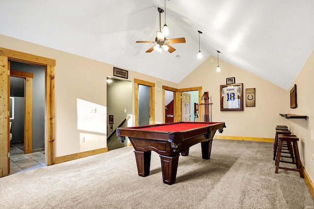 game room featuring ceiling fan, lofted ceiling, and light carpet