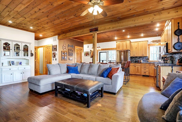 living room with a wealth of natural light, wood ceiling, and light hardwood / wood-style flooring