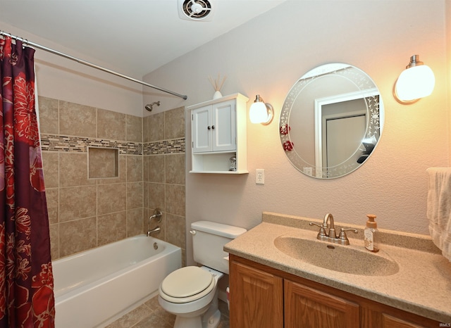 full bathroom with tile patterned flooring, vanity, shower / bathtub combination with curtain, and toilet