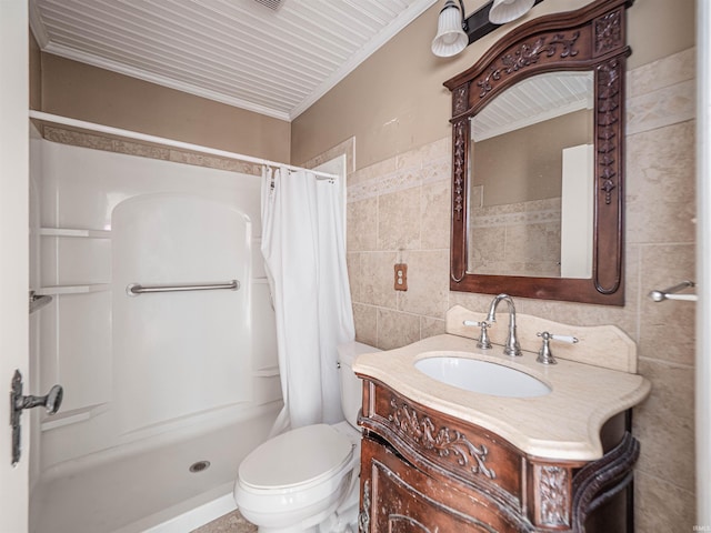 bathroom featuring curtained shower, tile walls, vanity, ornamental molding, and toilet