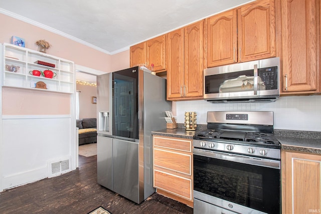 kitchen with backsplash, dark wood-type flooring, ornamental molding, and appliances with stainless steel finishes