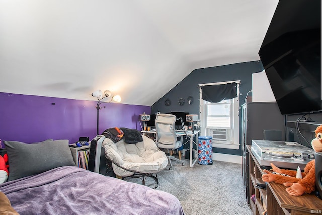 carpeted bedroom featuring lofted ceiling