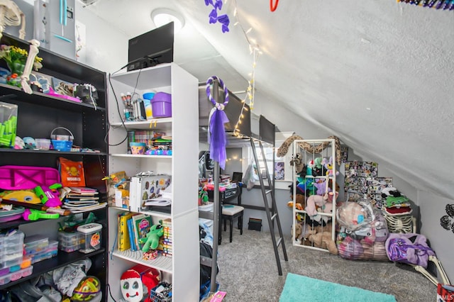 interior space featuring lofted ceiling and carpet flooring