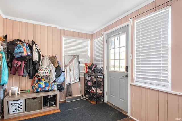 mudroom with ornamental molding