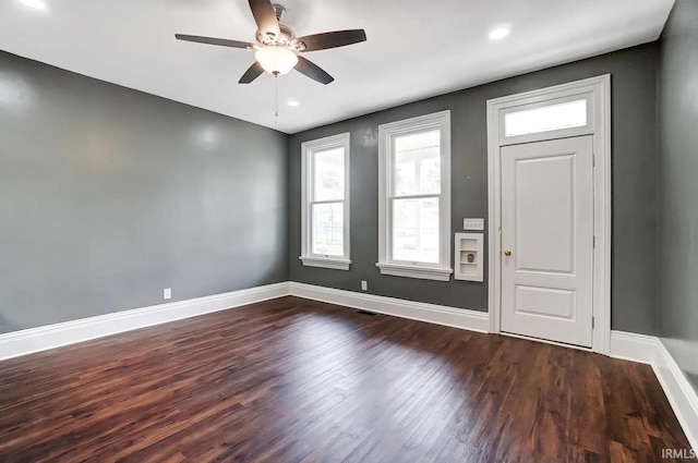 entrance foyer featuring hardwood / wood-style flooring and ceiling fan