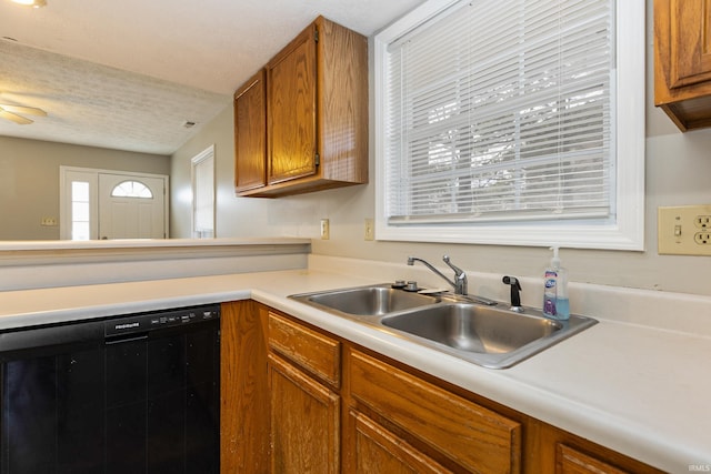 kitchen featuring dishwasher, sink, and a textured ceiling