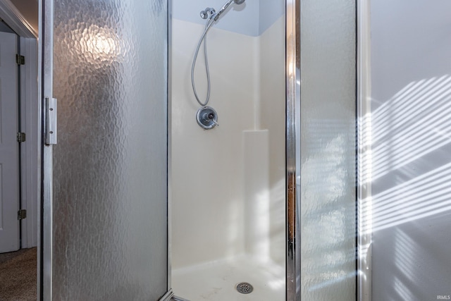 bathroom with a shower with door