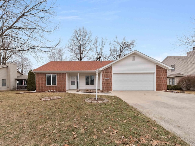 ranch-style house with a porch, a garage, and a front yard