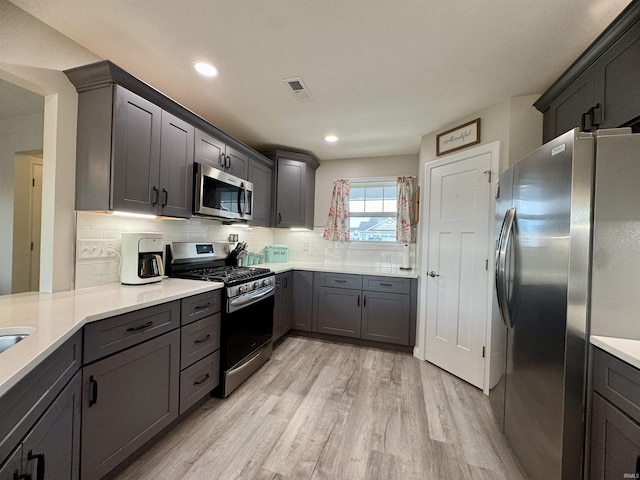 kitchen with stainless steel appliances, backsplash, and light hardwood / wood-style flooring