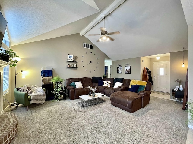 living room featuring high vaulted ceiling, beam ceiling, light colored carpet, and ceiling fan