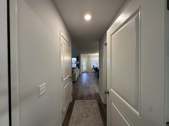 corridor featuring dark wood-type flooring