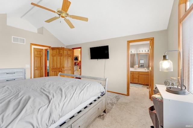 bedroom with vaulted ceiling with beams, light colored carpet, visible vents, a ceiling fan, and baseboards