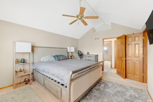 bedroom with light carpet, baseboards, visible vents, a ceiling fan, and lofted ceiling