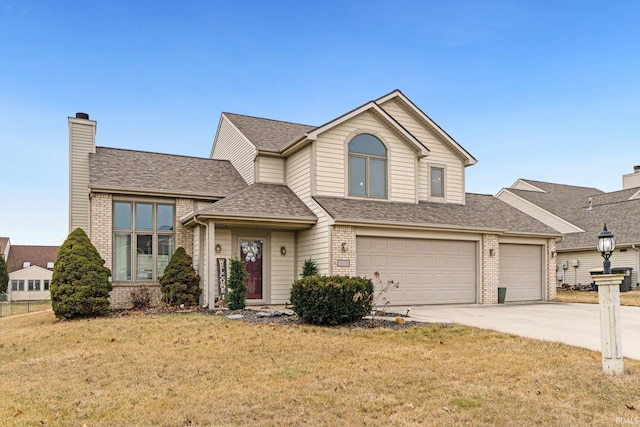 view of front of home featuring driveway, brick siding, a front lawn, and a shingled roof