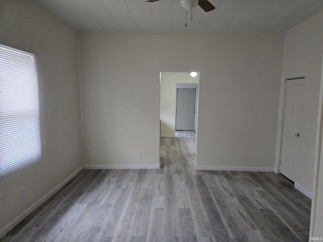 spare room with wood-type flooring and ceiling fan