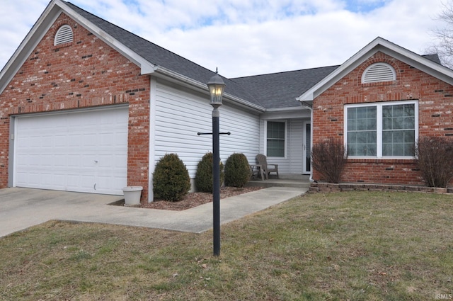 single story home with an attached garage, driveway, a front lawn, and brick siding