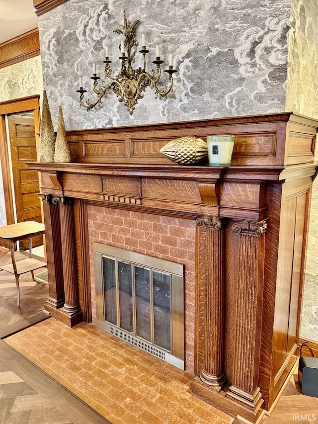 interior details with a fireplace