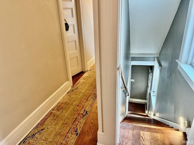 staircase with hardwood / wood-style flooring